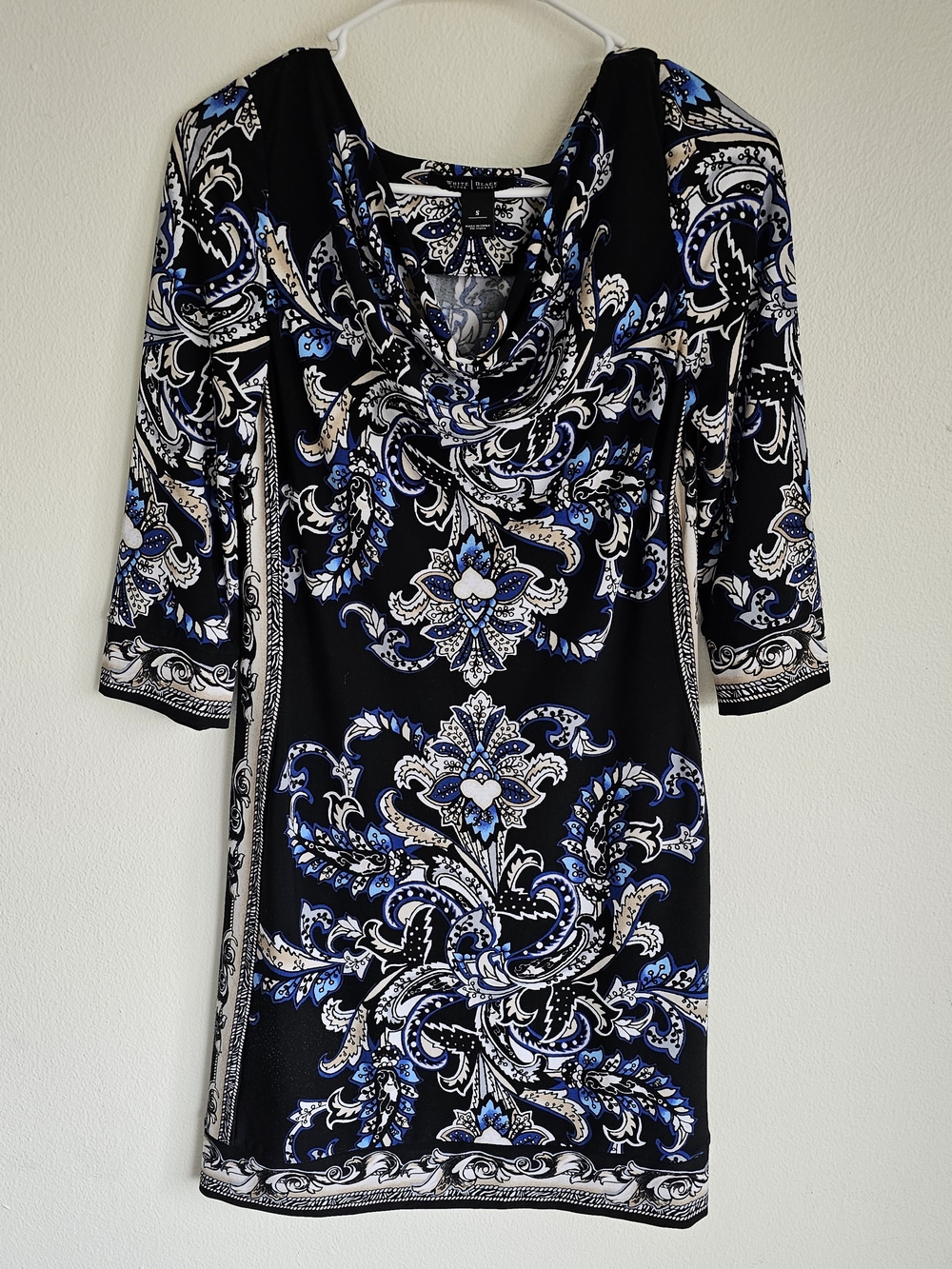 White House Black Market Black, Blue & Cream Paisley Cowl-Neck Long Sleeve Dress